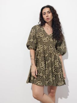 Divena - Brown Printed Half Sleeves Mini Dress