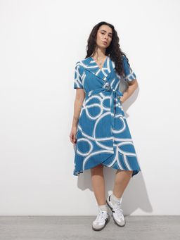 Divena - Blue Printed Half Sleeves Midi Dress with Belt
