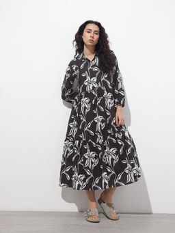 Divena - Black Printed Full Sleeves Midi Dress