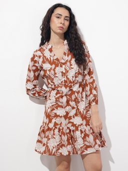Divena - Rust Floral Three Fourth Sleeves Mini Dress