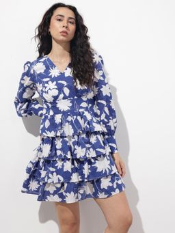 Divena - Blue Floral Full Sleeves Mini Dress