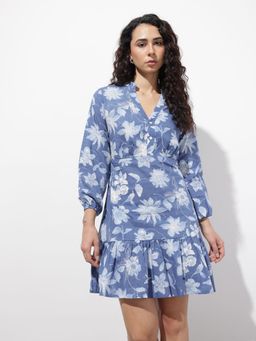 Divena - Blue Floral Three Fourth Sleeves Mini Dress