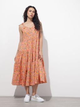 Divena - Orange Floral Sleeveless Midi Dress