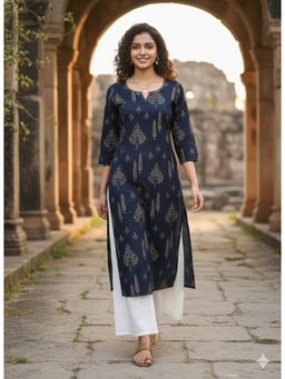 Rajnandini - Navy Blue Printed Three Fourth Sleeves Kurta