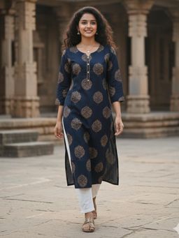 Rajnandini - Navy Blue Embellished/Sequined Three Fourth Sleeves Kurta