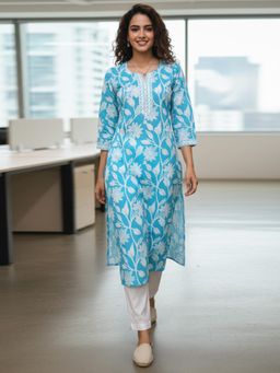 Rajnandini - Turquoise Floral Three Fourth Sleeves Kurta