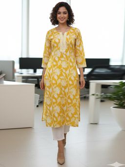 Rajnandini - Yellow Floral Three Fourth Sleeves Kurta