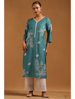 Soch - Teal Embroidered Three Fourth Sleeves Kurta