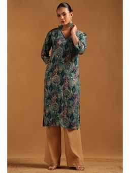 Soch - Teal Printed Three Fourth Sleeves Kurta