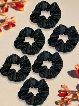 OOMPH - Combo of 6 Black Satin Silk Scrunchy Rubber Band Hair Tie Ponytail Holder (Pack of 6)