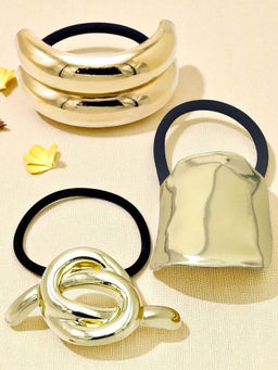 OOMPH - Combo of 3 Gold Rubber Band Ponytail Holder Bowknot and Geometric Shape (Pack of 3)