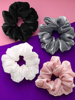 OOMPH - Combo of 4 Tissue Satin Scrunchy Black, Grey, Pink, and White (Pack of 4)