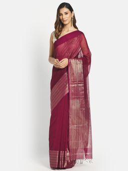 Fabindia - Wine Cotton Silk Maheshwari Woven Saree without Blouse