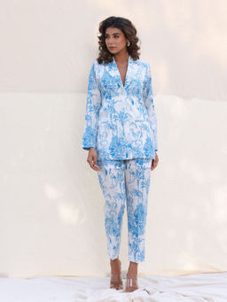 Moonstruck - Blue Cotton Printed Blazer Pants Set (Set Of 2)