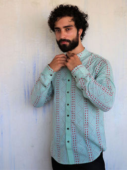 Chidiyaa - Sea Green Chevron Block Printed Shirt