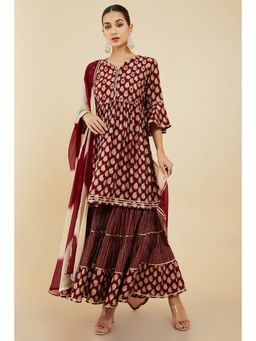 Soch - Women Maroon Cotton Printed Anarkali Suit (Set of 3)