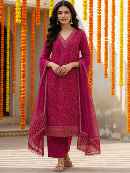 Aaghnya - Pink Embroidered V-Neck Kurta Pant with Dupatta
