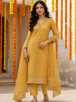 Aaghnya - Yellow Embroidered V-Neck Kurta Pant with Dupatta