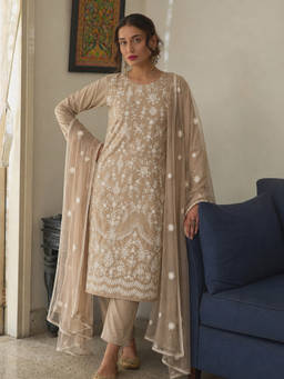 Aaghnya - Beige Embroidered Round Neck Kurta Pant with Dupatta