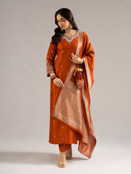 Aaghnya - Rust Embroidered Round Neck Kurta Pant with Dupatta