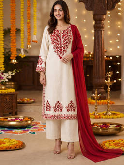 Aaghnya - White Embroidered Round Neck Kurta Palazzo with Dupatta