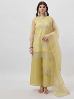 Aaghnya - Yellow Embroidered Round Neck Kurti Palazzo with Dupatta