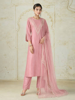 Aaghnya - Peach Embroidered Round Neck Kurta Pant with Dupatta