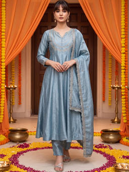 Aaghnya - Blue Embroidered Round Neck Anarkali Kurta Pant with Dupatta