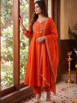 Aaghnya - Orange Embroidered Round Neck Anarkali Kurta Pant with Dupatta