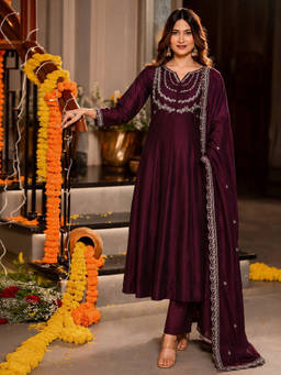 Aaghnya - Wine Embroidered Round Neck Anarkali Kurta Pant with Dupatta