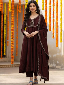 Aaghnya - Brown Embroidered Round Neck Anarkali Kurta Pant with Dupatta