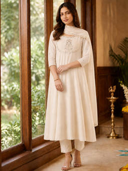 Aaghnya - Cream Embroidered Round Neck Anarkali Kurta Pant with Dupatta