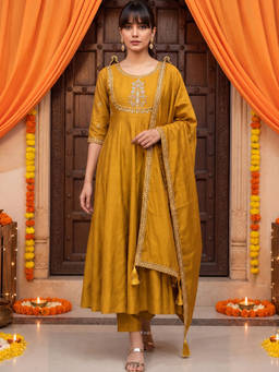 Aaghnya - Mustard Embroidered Round Neck Anarkali Kurta Pant with Dupatta