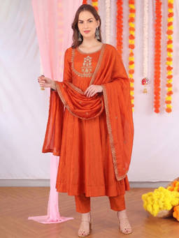 Aaghnya - Orange Embroidered Round Neck Anarkali Kurta Pant with Dupatta