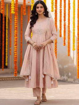 Aaghnya - Peach Embroidered Round Neck Anarkali Kurta Pant with Dupatta