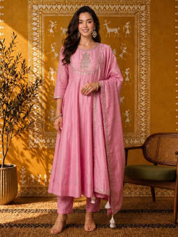 Aaghnya - Pink Embroidered Round Neck Anarkali Kurta Pant with Dupatta