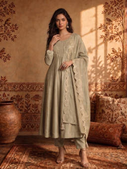 Aaghnya - Beige Embroidered Round Neck Kurta Pant with Dupatta