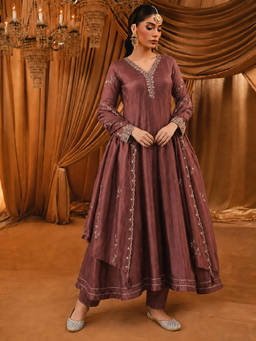 Aaghnya - Burgundy Embroidered V-Neck Anarkali Kurta Pant with Dupatta