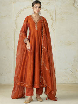 Aaghnya - Orange Embroidered V-Neck Anarkali Kurta Pant with Dupatta