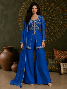 Aaghnya - Blue Embroidered Round Neck Kurti Palazzo with Dupatta
