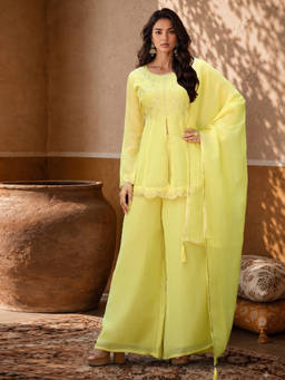 Aaghnya - Yellow Embroidered Round Neck Kurti Palazzo with Dupatta