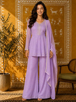 Aaghnya - Lavender Embroidered V-Neck Kurti Palazzo with Dupatta