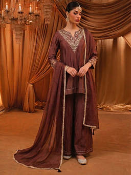 Aaghnya - Brown Embroidered Round Neck Kurti Palazzo with Dupatta