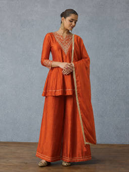 Aaghnya - Orange Embroidered Round Neck Kurti Palazzo with Dupatta