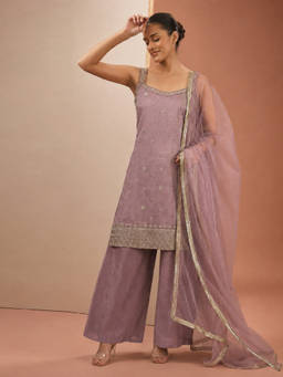 Aaghnya - Purple Embroidered Square Neck Kurti Palazzo with Dupatta