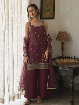 Aaghnya - Wine Embroidered Square Neck Kurti Palazzo with Dupatta