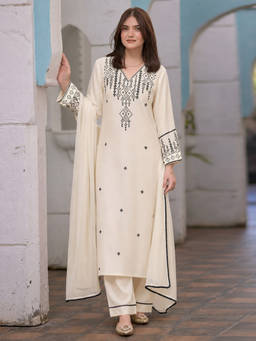 Aaghnya - Beige Embroidered V-Neck Kurta Pant with Dupatta