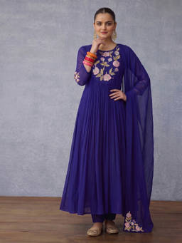 Aaghnya - Blue Solid/Plain Round Neck Anarkali Kurta Pant with Dupatta