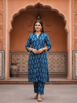 FASHOR - Navy Blue Printed Collar Neck Co-ord Set