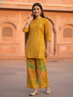 FASHOR - Mustard Floral Mandarin Neck Kurti & Pant